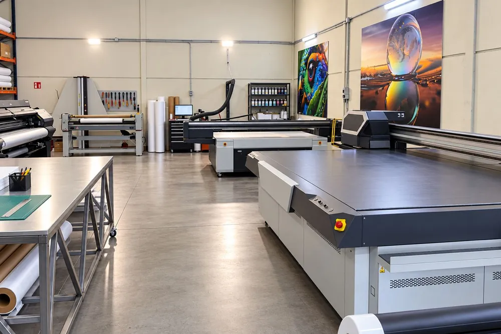 Zona de gran formato de IMPRYMO con la mesa plana UV